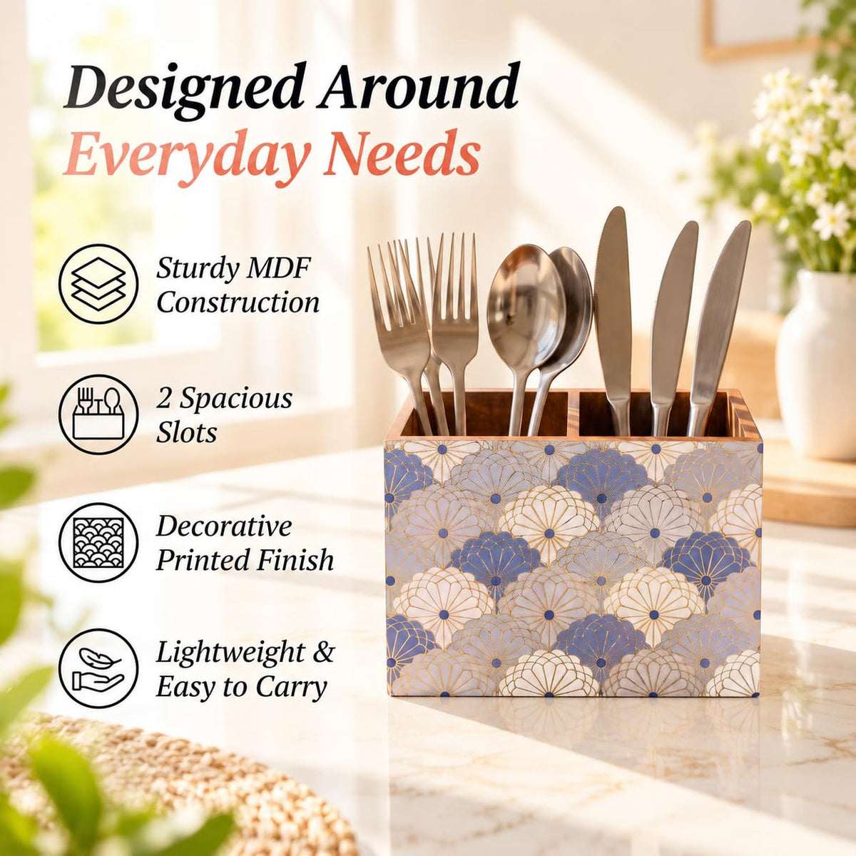 HOKIPO Cutlery Holder for Dining Table, Engineered Wood, Indigo Flora - image 8