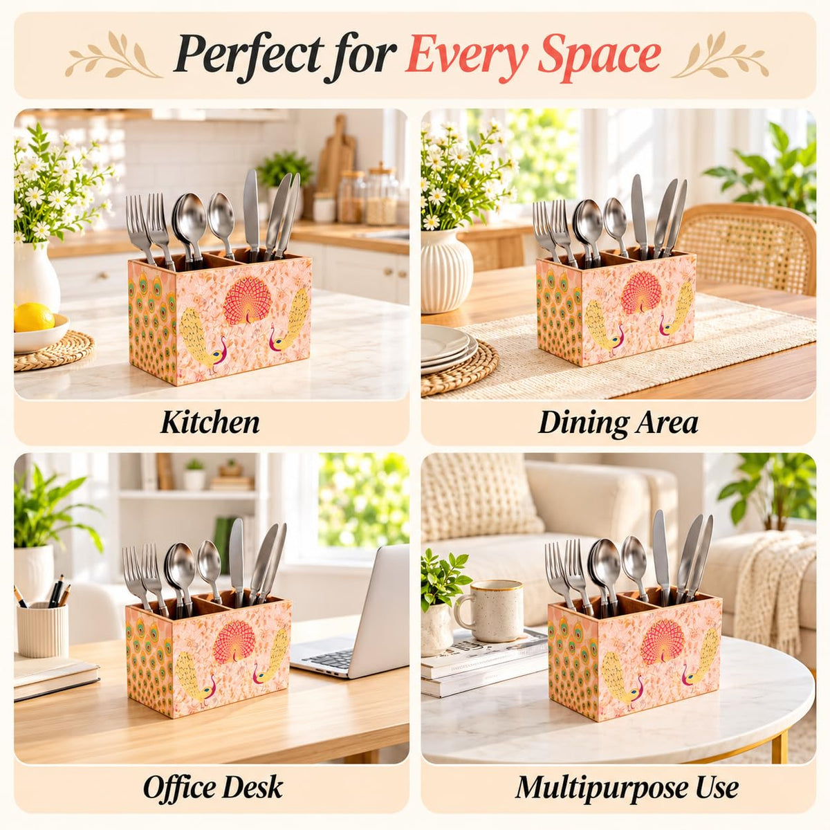 HOKIPO Cutlery Holder for Dining Table, Engineered Wood, Gulabi Mayurvan - image 4