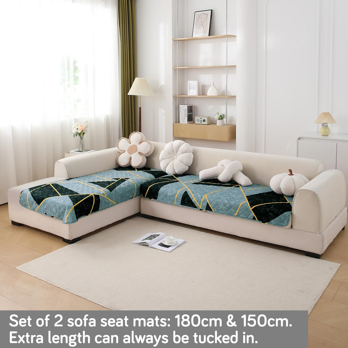 Waterproof Printed Quilted Quick Dry L Shape Sofa Seat Cover Mat, Multicolor Abstract Geometry