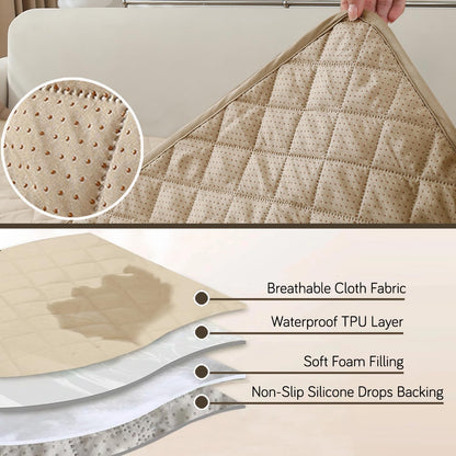 HOKIPO Quilted Waterproof Sofa Seat Mat for 1/2/3 Seater Sofa with 2 Armrest Covers with Pockets, Cream