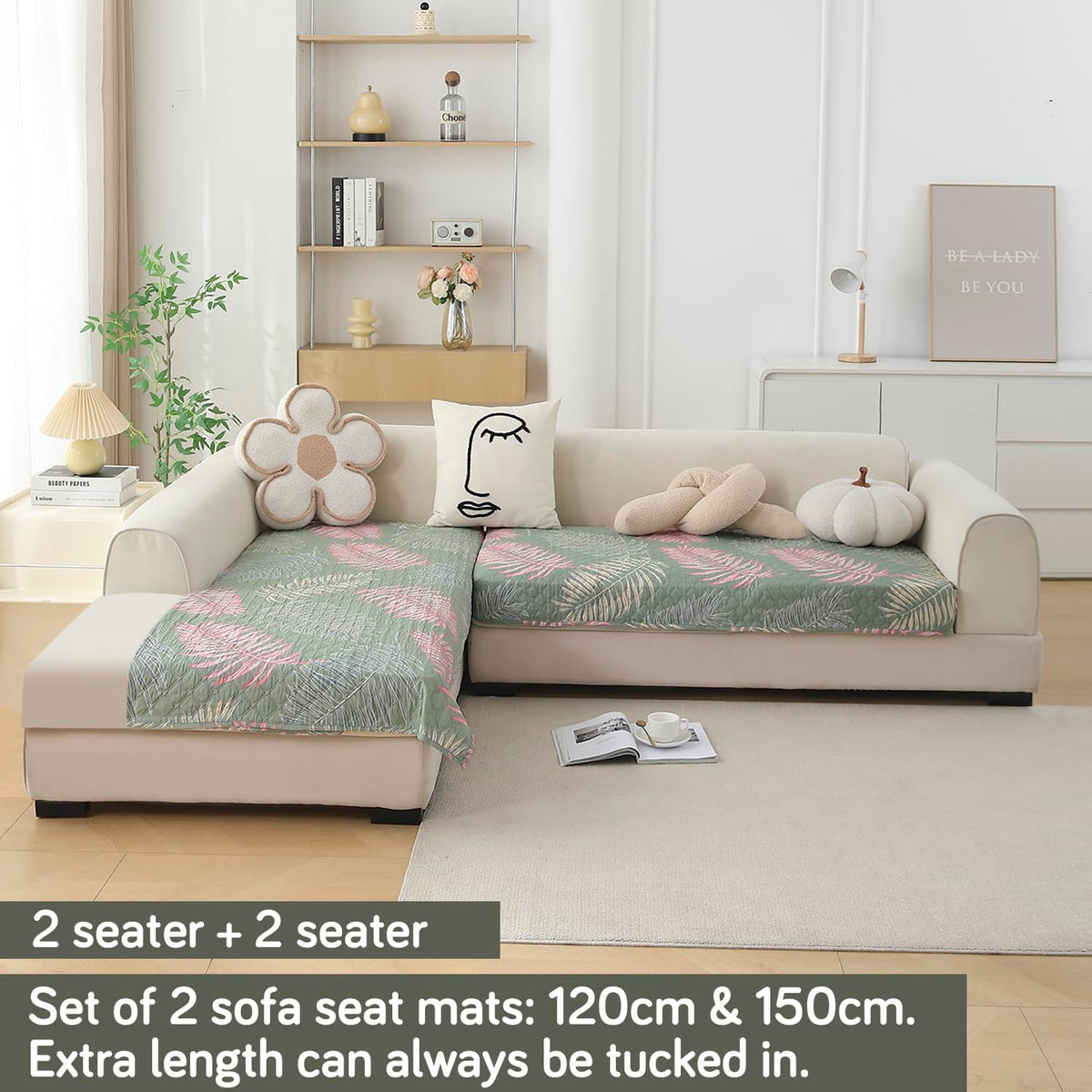 L Shape Sofa Cover Mat for 2+2/3+2/3+3 Seater, Quilted Printed Tropical Leaves Pastel Green