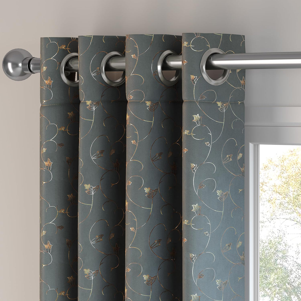HOKIPO Golden Vine Eyelet Curtains, 7 Feet Long - Steel Grey - image 6