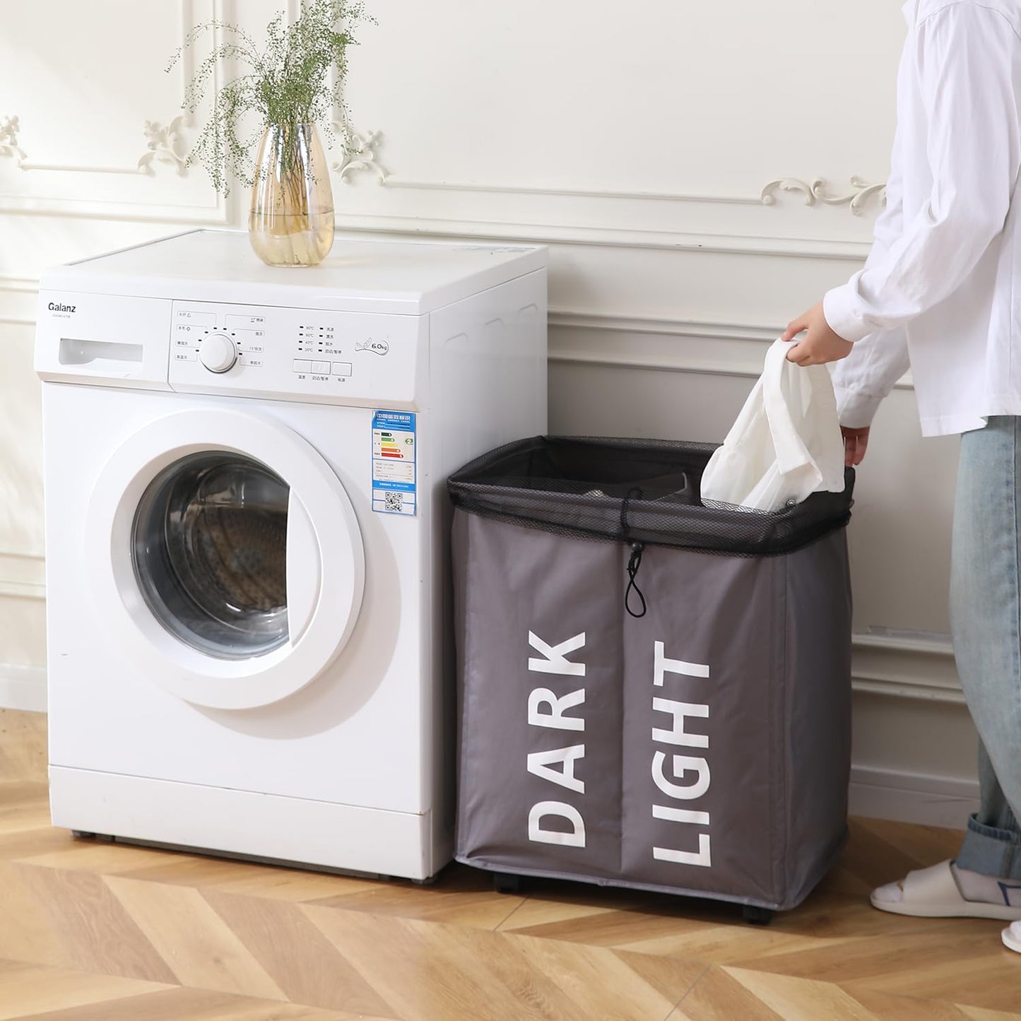 Large Laundry Basket Foldable Hamper With Wheels, Grey