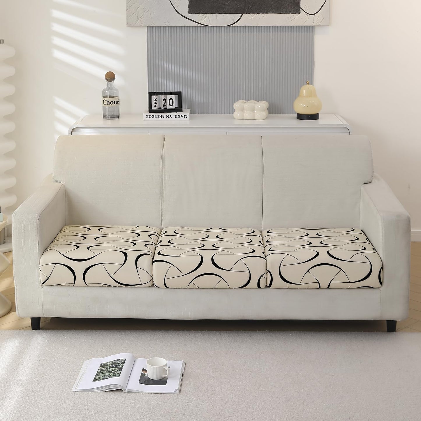 140 GSM Stretchable Printed Elastic Sofa Cushion Seat Cover for 1 /2 /3 Seaters / Pieces for Sofa, Natural Beige Abstract Art