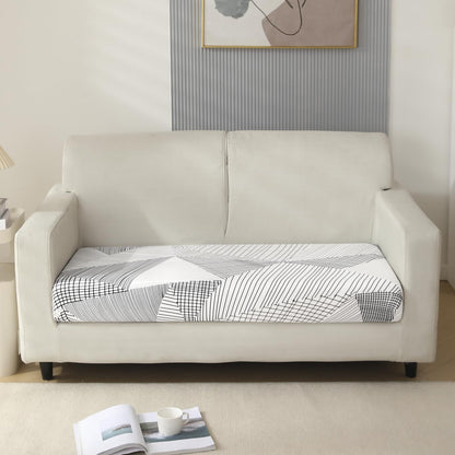 140 GSM Stretchable Printed Elastic Sofa Cushion Seat Cover for 1 /2 /3 Seaters / Pieces for Sofa, Snow White Black Geometry