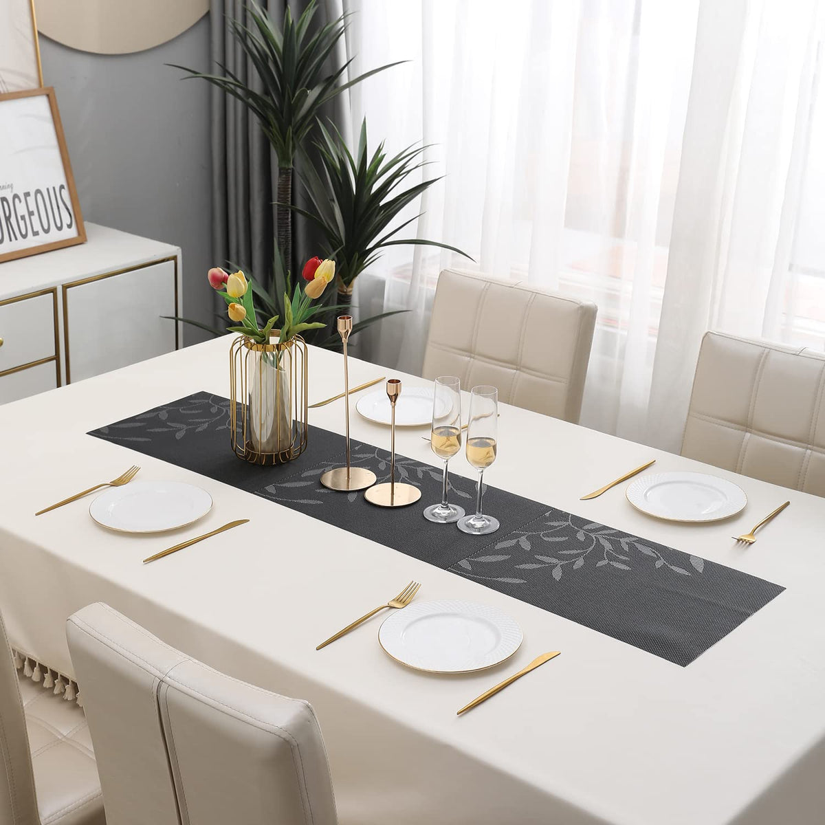 Buy Black Leaves Colour PVC Table Runner for Dining Table | HOKIPO