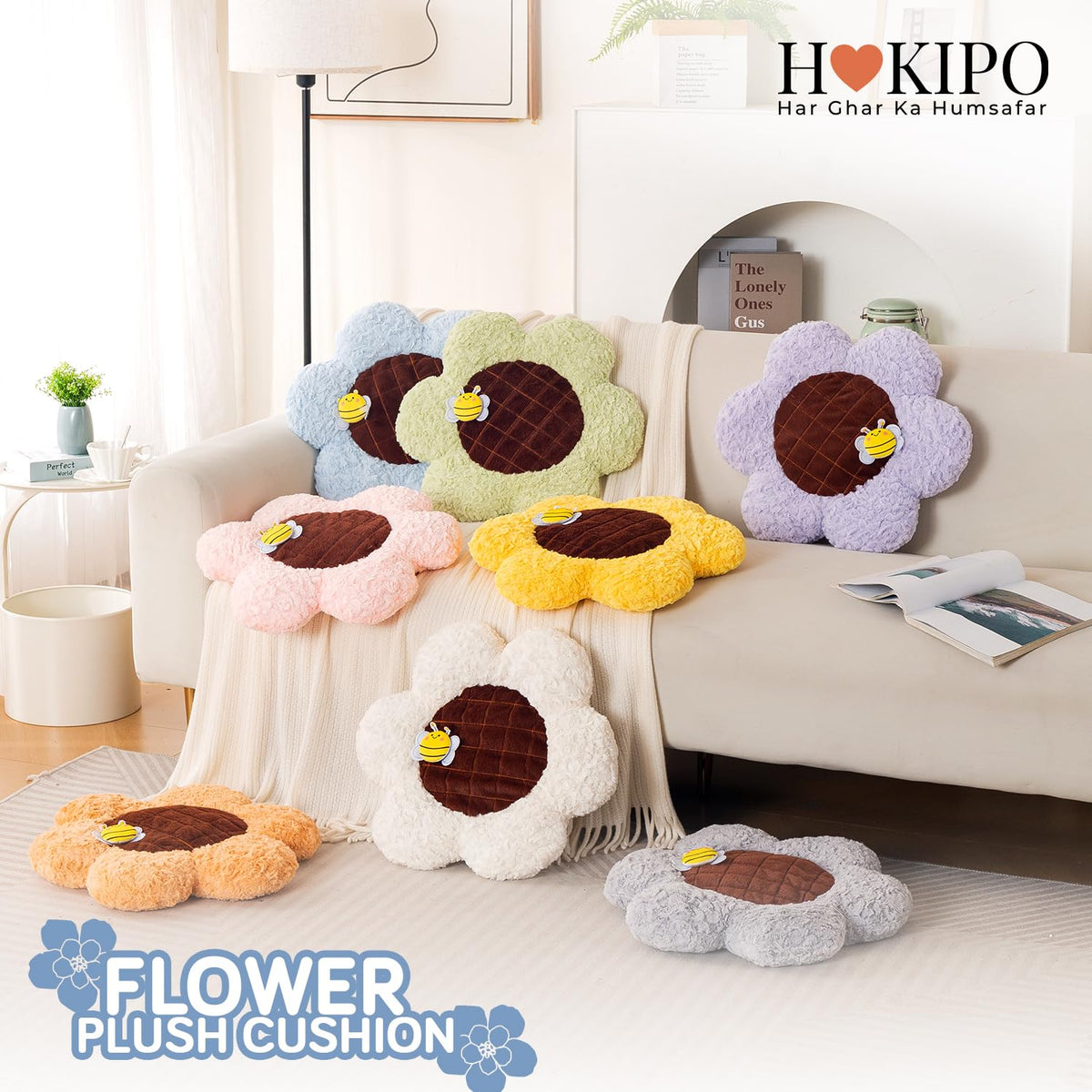HOKIPO Sunflower Bee Cushion for Sofa & Bed, 50 cm, Blue