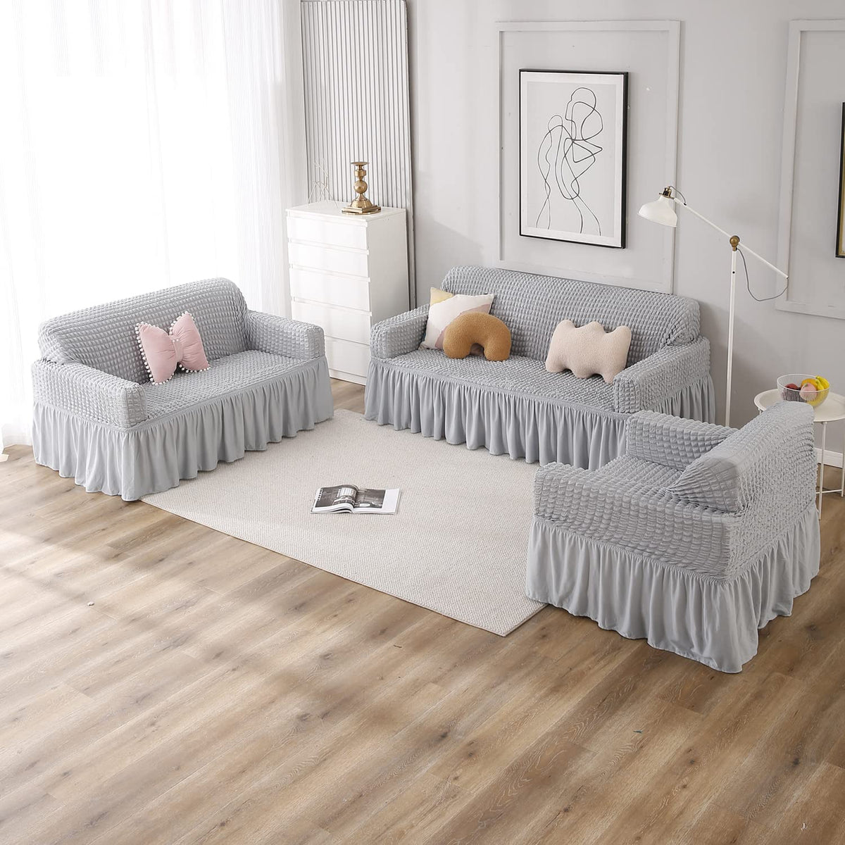 Ash Grey Elastic stretchable Turkish Bubble frill sofa cover set available for 1, 2, 3, 4, 5, 6 & 7 seater sofas