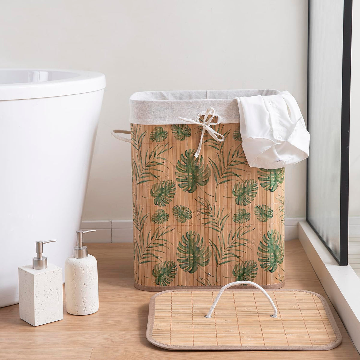 Eco-Friendly Foldable Bamboo Laundry Basket Hamper with Lid, Large - 60 Liter, Tropical Leaves