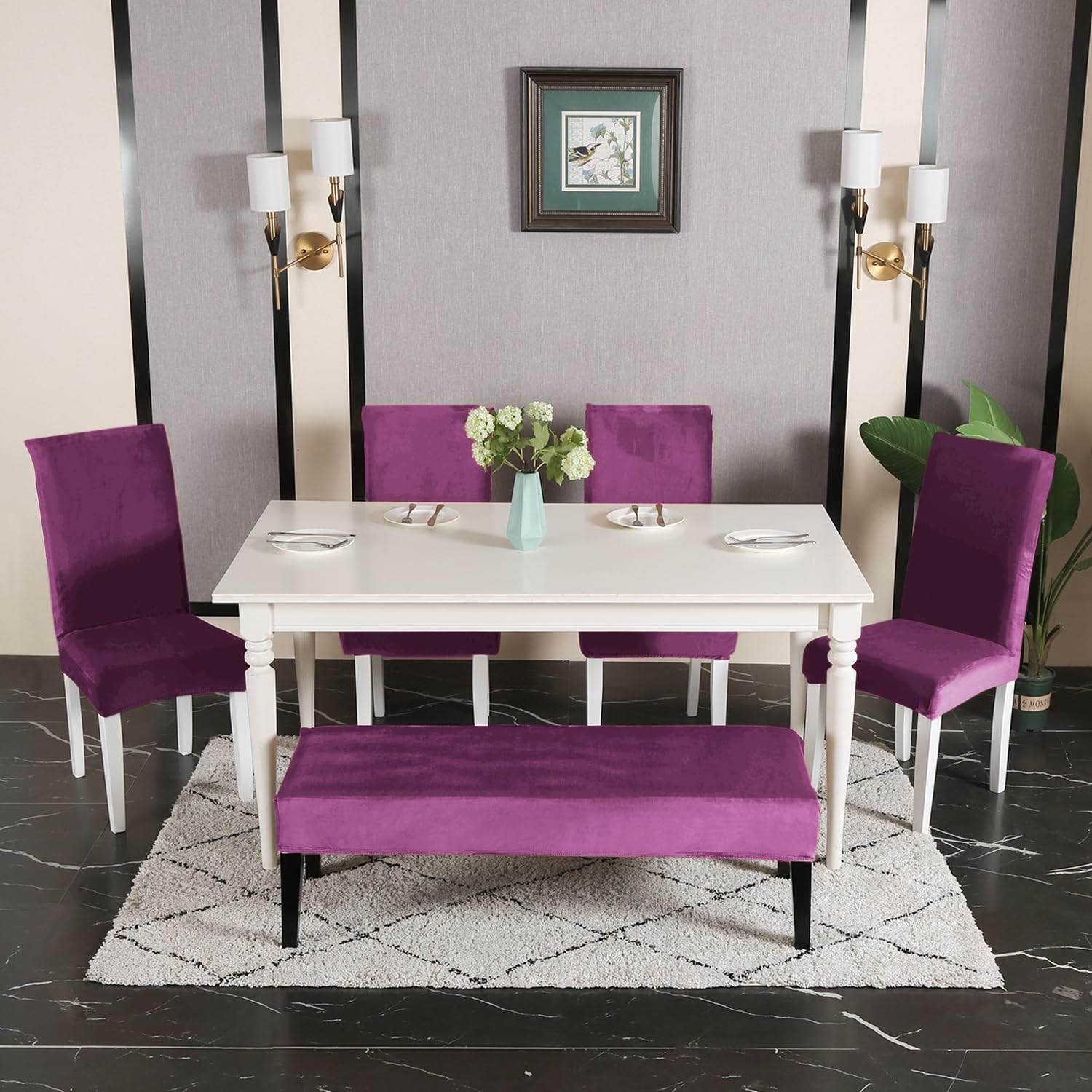 Elastic Fitted Dining Bench Slipcover, Purple