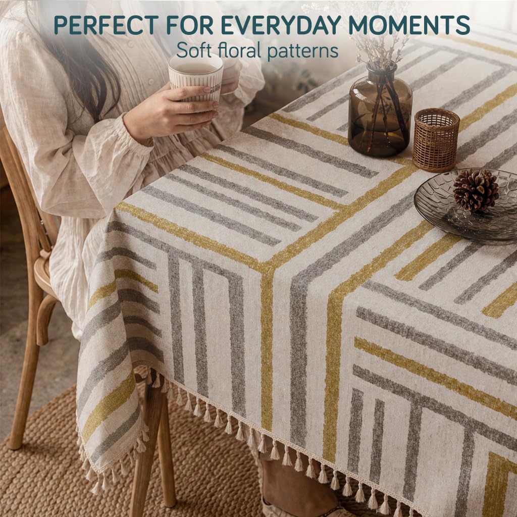 HOKIPO ShieldQuilt Table Cloth with Tassel Edge for 4/6 Seater, Geometric Mustard - image 7