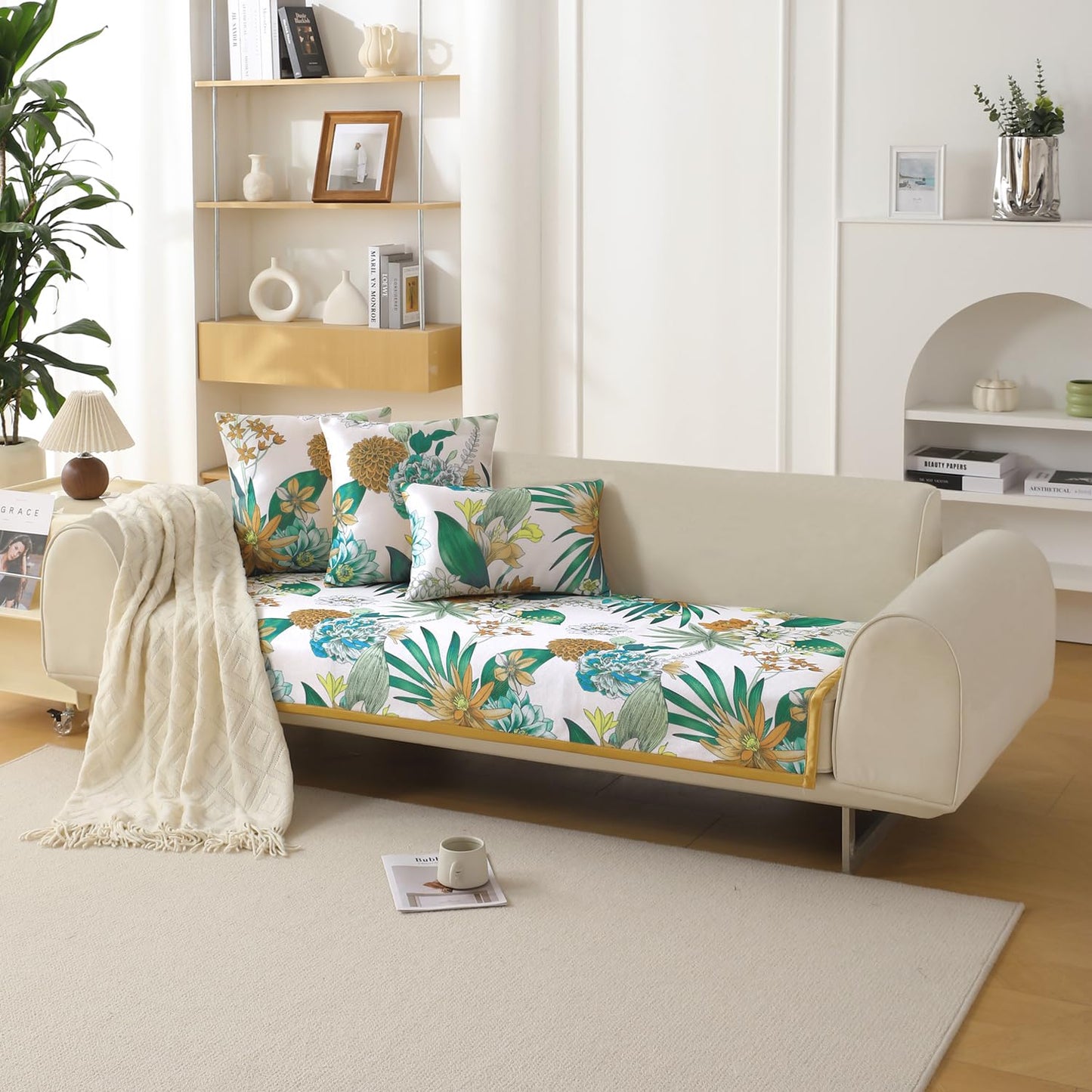 Premium Anti Slip Ice Silk Sofa Seat Mat for 1/2/3 Seater, Pine Green Floral