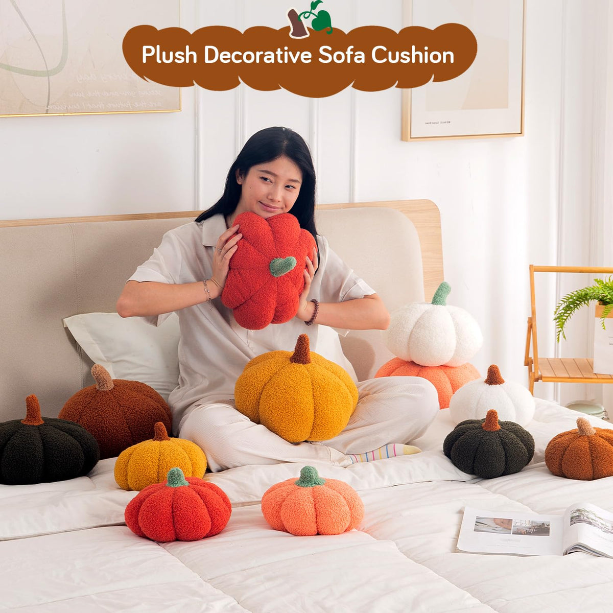 HOKIPO Pumpkin Shaped Plush Cushion for Autumn Decor, 19 cm, Brown