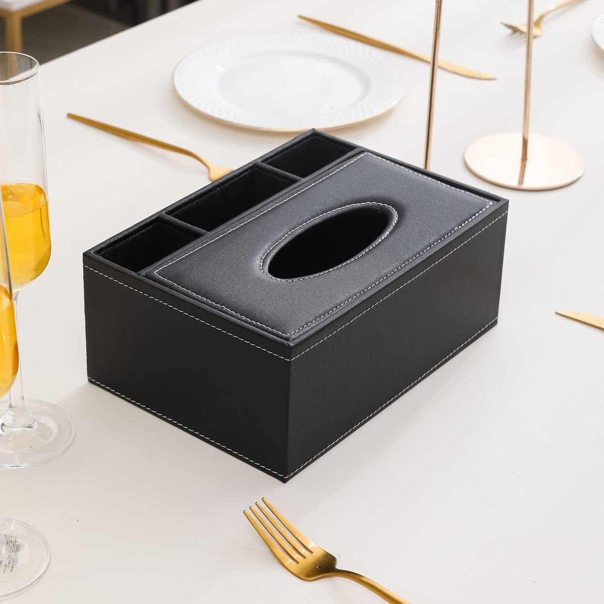 Buy black faux leather tissue box with slots for desk use | Hokipo