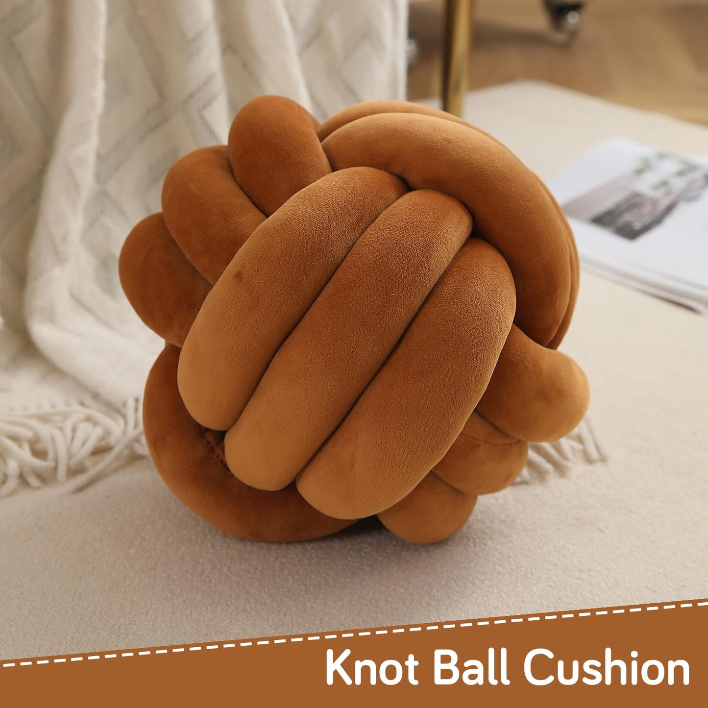 Knot Ball Cushion Pillow Soft Plush Velvet Decorative Throw Pillow - Camel Brown