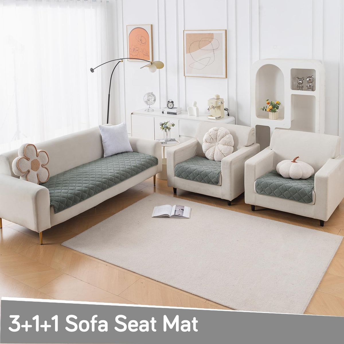 Diamond Tuft Quilted 5-Seater Sofa Mat (3+1+1), Anti-Slip, Stone Grey