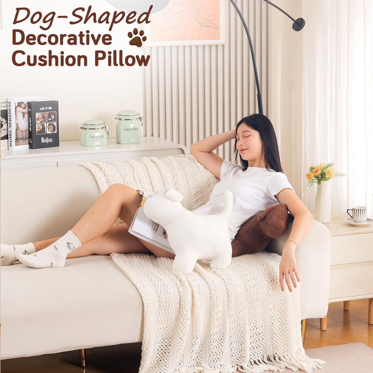 HOKIPO Puppy Shaped Plush Cushion for Kids Room & Nursery, 42 cm, White