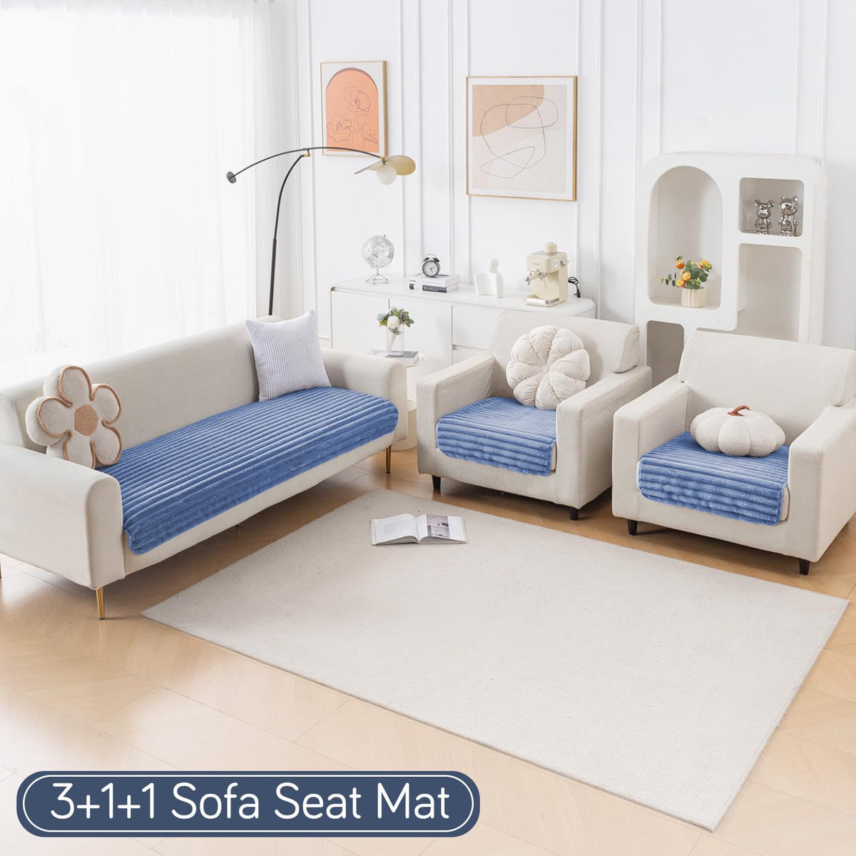 Faux Rabbit Fur Sofa Cover Combination Set, 'Snuggle Fur Series' Denim Blue