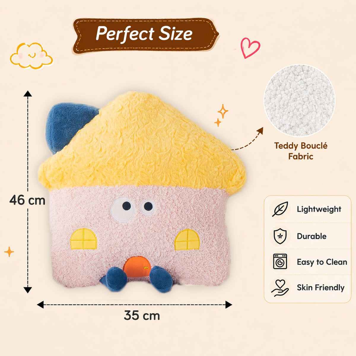 HOKIPO Mushroom House Shaped Cushion, 46 cm, Light Pink