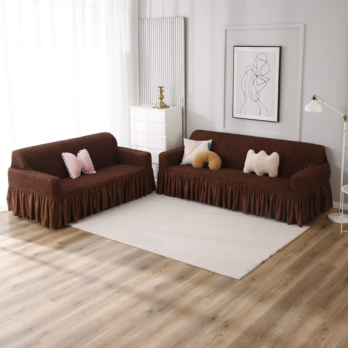 Dark Brown Elastic stretchable Turkish Bubble frill sofa cover for 3 2 seater​ sofa