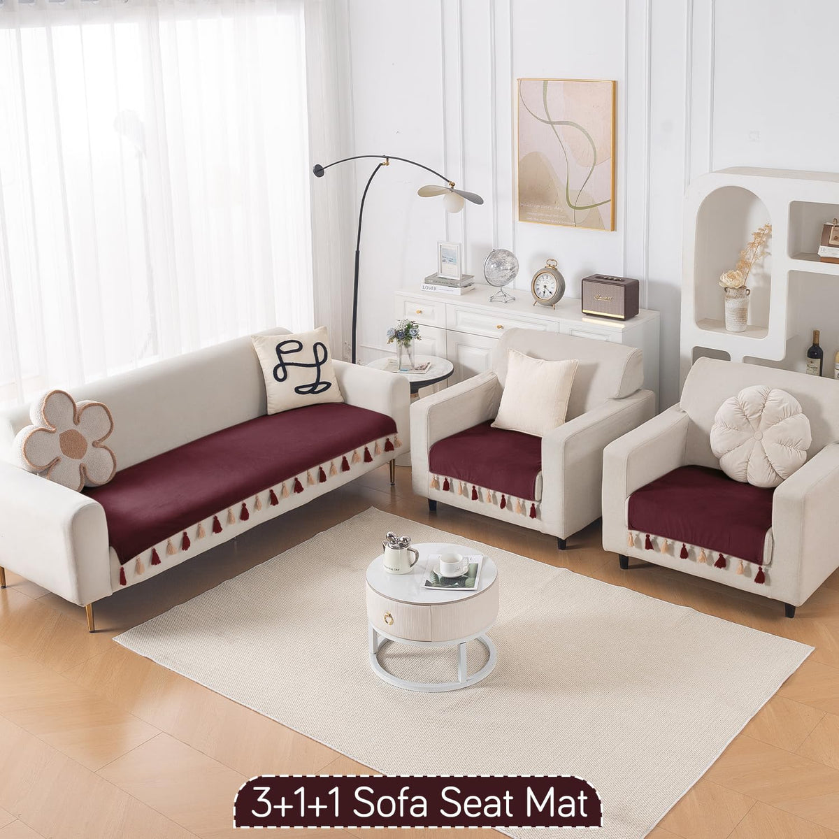 Premium Holland Velvet 5-Seater Sofa Cover (3+1+1), TasselTone Series | Wine Red