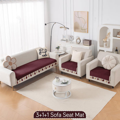 Premium Holland Velvet 5-Seater Sofa Cover (3+1+1), TasselTone Series | Wine Red