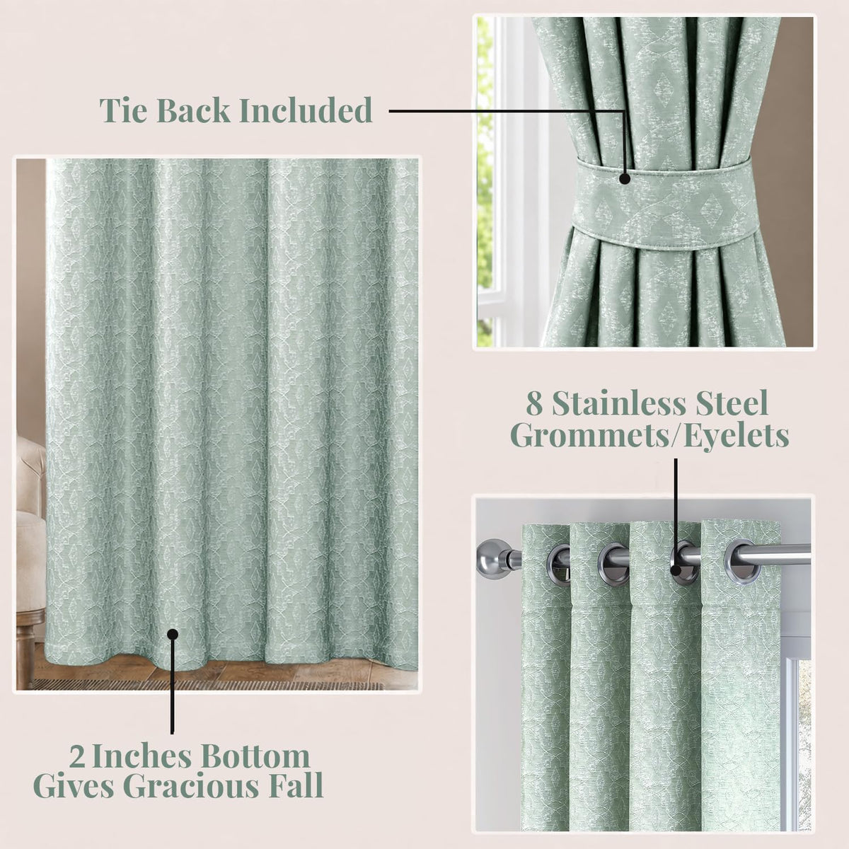 HOKIPO Marrakesh Jacquard Eyelet Curtains, 7 Feet Long - Mist Green - image 4