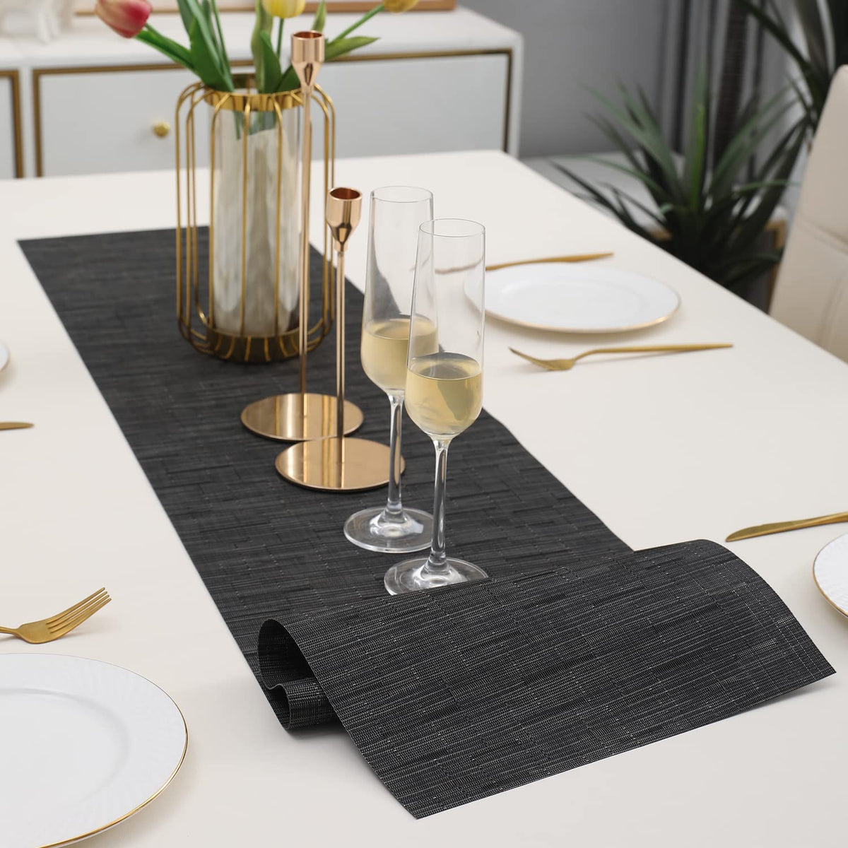 Buy Textured Black Colour PVC Table Runner Mat | HOKIPO