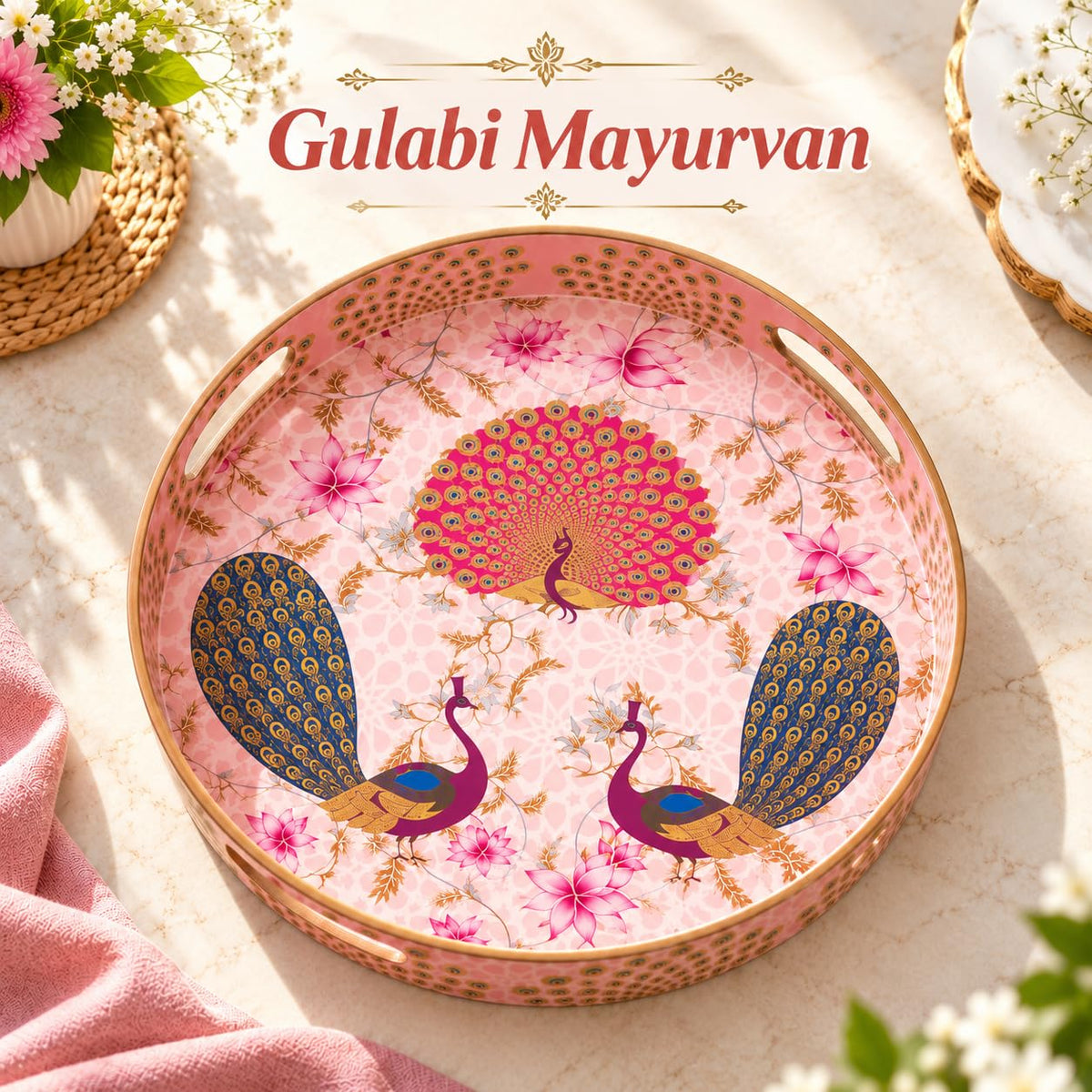 HOKIPO Round Serving Tray 12 in, Engineered Wood, Gulabi Mayurvan - image 2