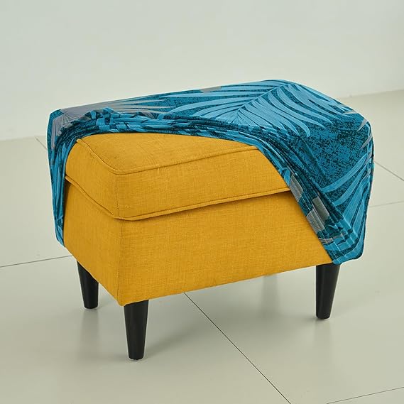 Stretchable 140 GSM Footstool Cover, Sea Blue Tropical Leaves