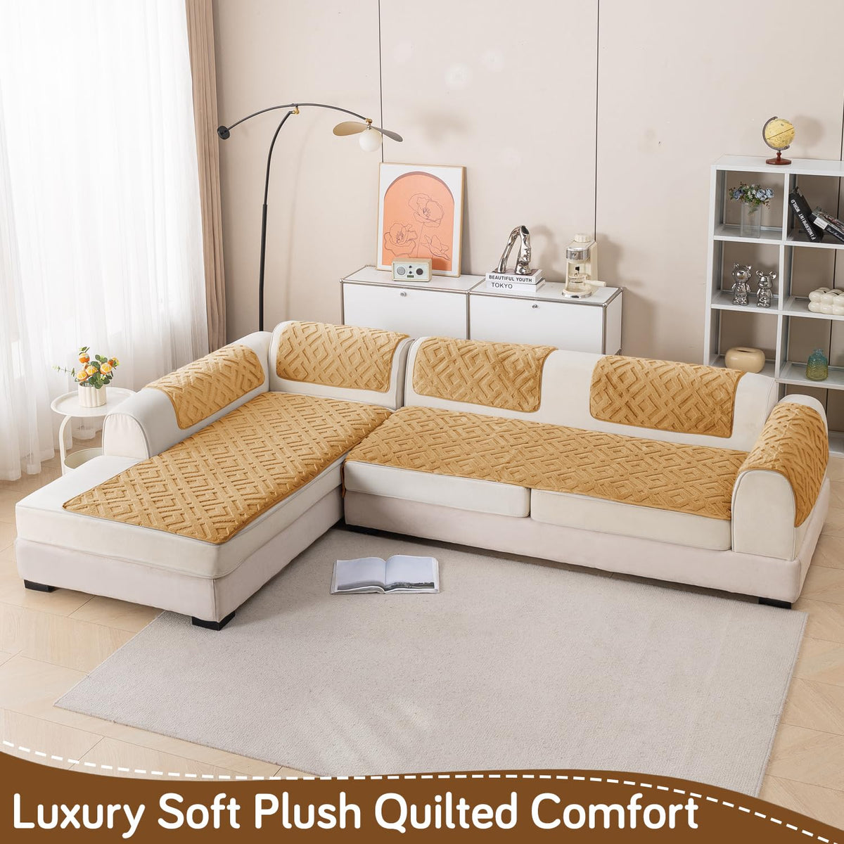 Velvet Maze Premium L Shape Sofa Cover Seat Mat, Light Brown