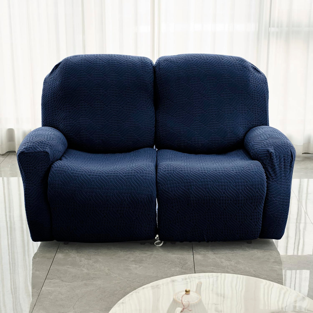 Buy Navy Blue Colour Jacquard Two Seater Recliner Sofa Cover