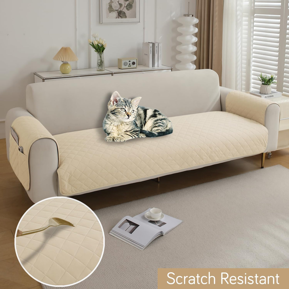 Quilted Waterproof Sofa Seat Mat for 1/2/3 Seater Sofa with 2 Armrest Covers with Pockets, Cream
