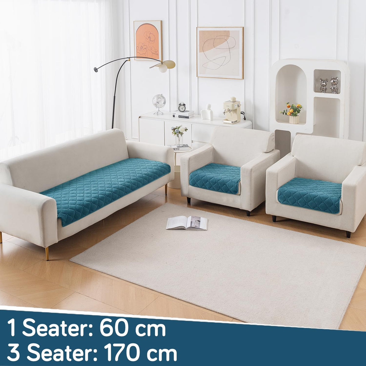 Diamond Tuft Quilted 5-Seater Sofa Mat (3+1+1), Anti-Slip, Dusty Teal