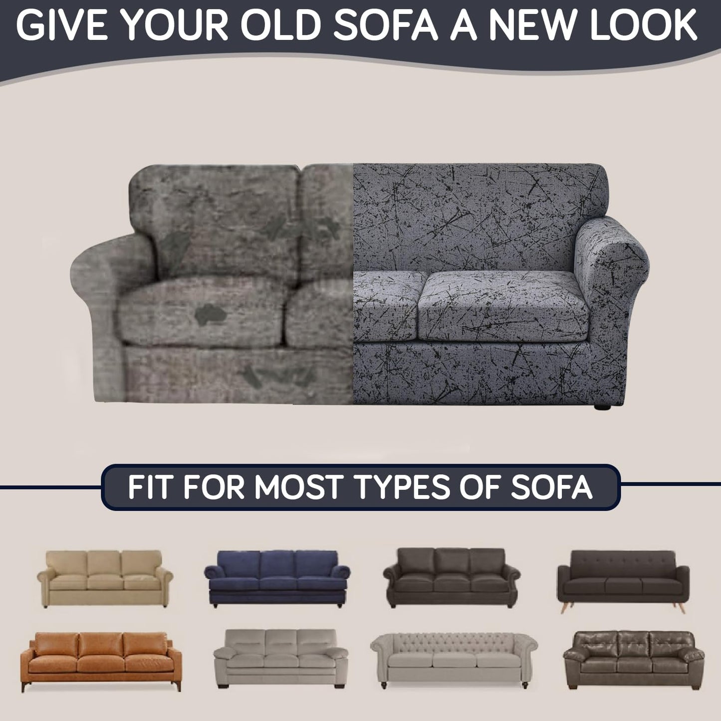 Printed Stretchable Sofa Slipcover with 1/2/3 Pc Separate Seat Cushion Cover for each 1/2/3 Seater, Intense Grey Splatter