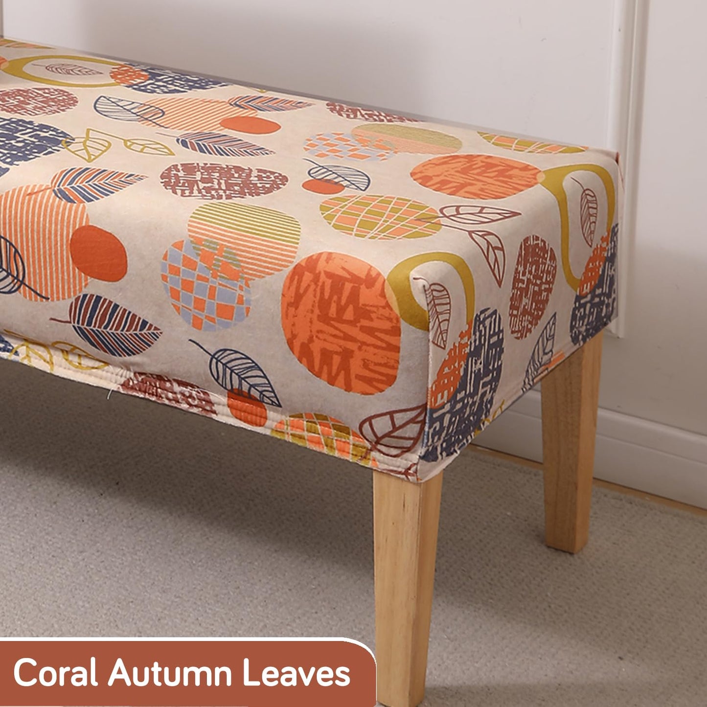 Premium Printed Velvet Dining Bench Cover, Coral Autumn Leaves