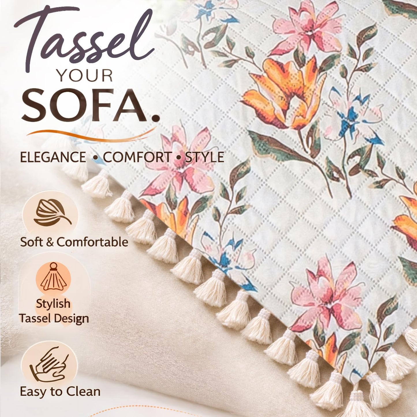 Quilted Sofa Cover 5-Seater Sofa Cover (3+1+1), Tassel Twigs | Painterly Floral