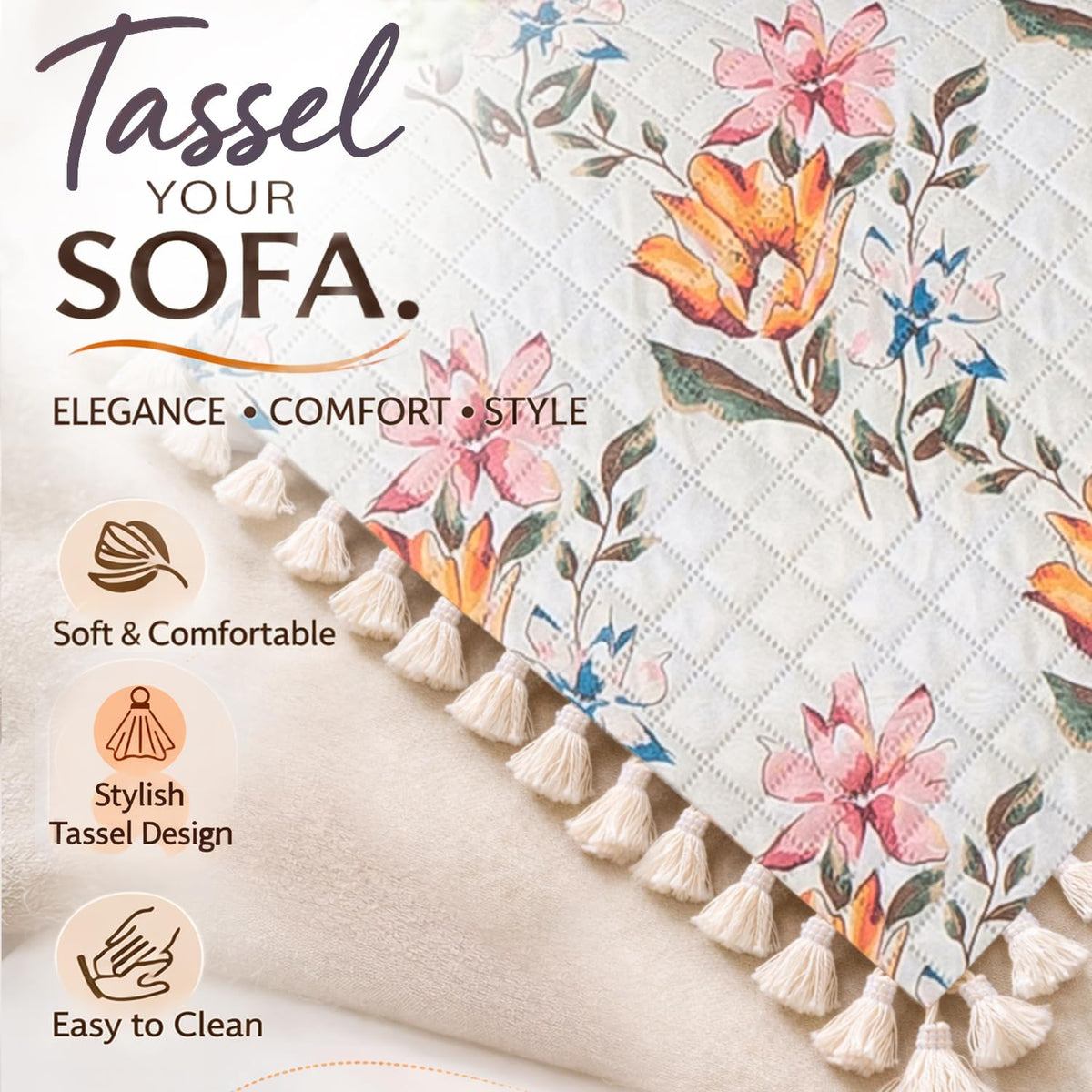 Quilted Sofa Cover 5-Seater Sofa Cover (3+1+1), Tassel Twigs | Painterly Floral