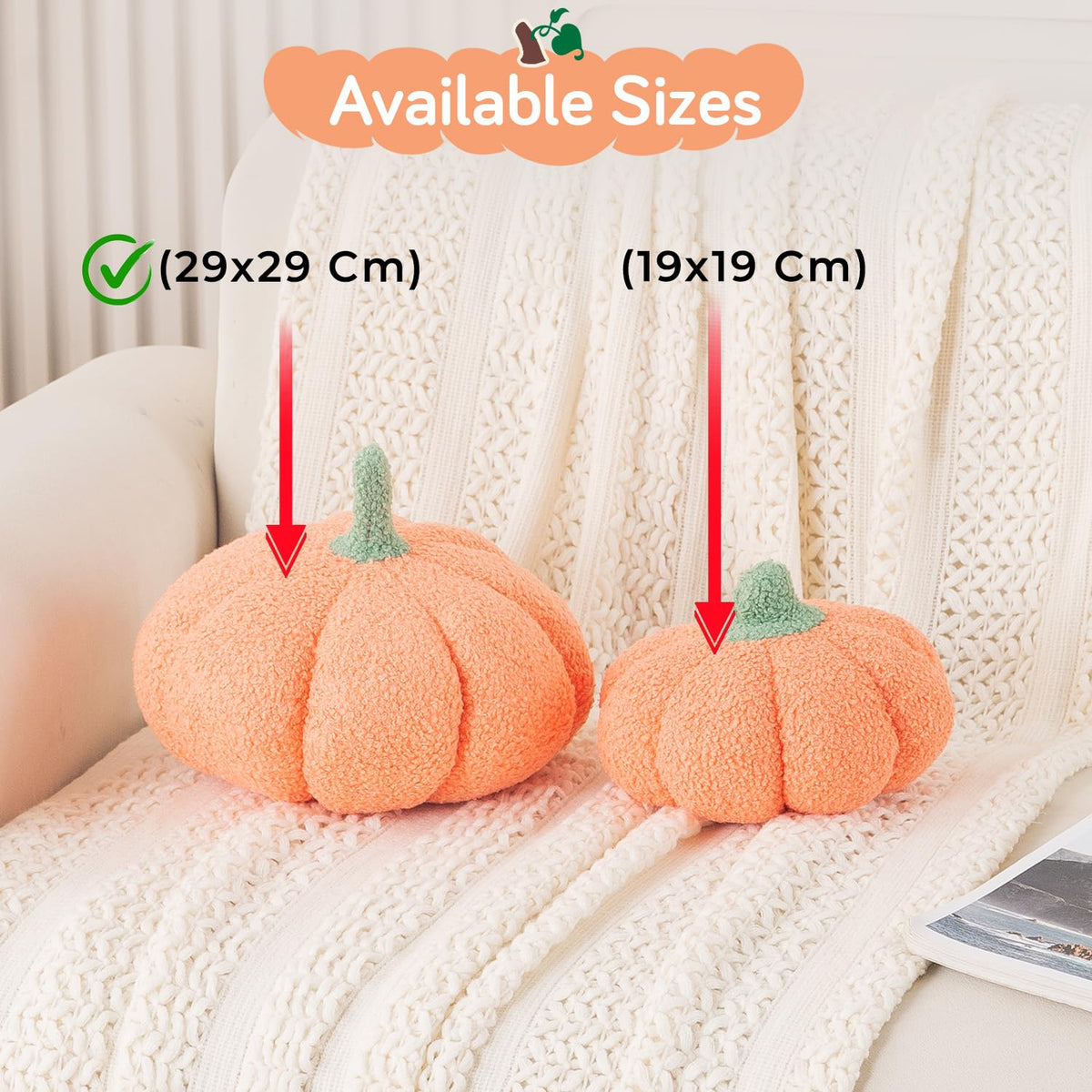 HOKIPO Pumpkin Shaped Plush Cushion for Autumn Decor, 29 cm, Peach