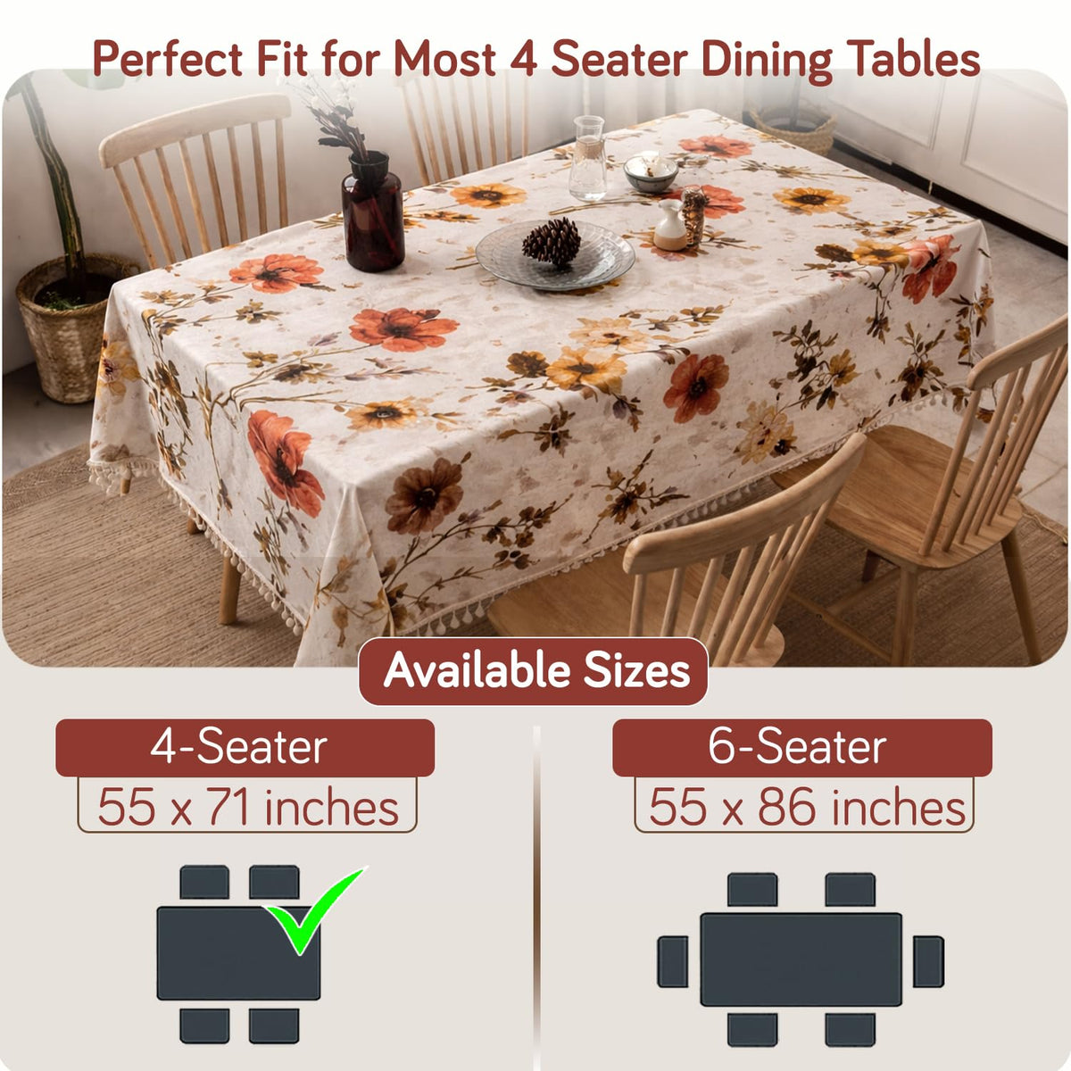HOKIPO ShieldQuilt Table Cloth with Tassel Edge for 4/6 Seater, Poppy Beige - image 2