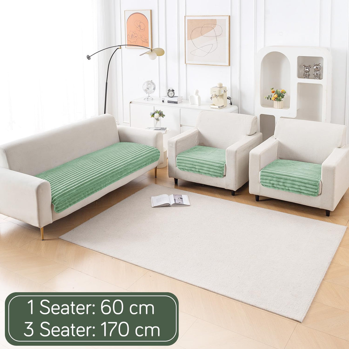 Faux Rabbit Fur Sofa Cover Combination Set, 'Snuggle Fur Series' Sage Green