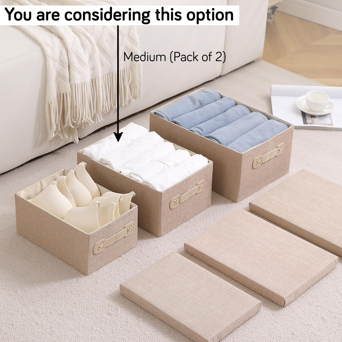 Organisers Storage Box with Lid, Beige, Pack of 2