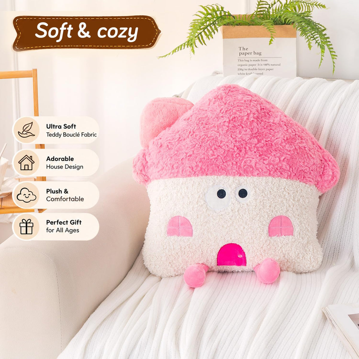 HOKIPO Mushroom House Shaped Cushion for Kids Room & Nursery, 46 cm, Cream