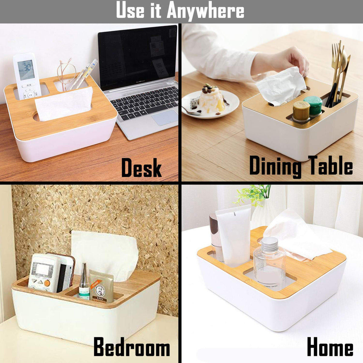 buy white tissue box with bamboo lid, multi compartments – for desk, dining, bedroom, home | Hokipo