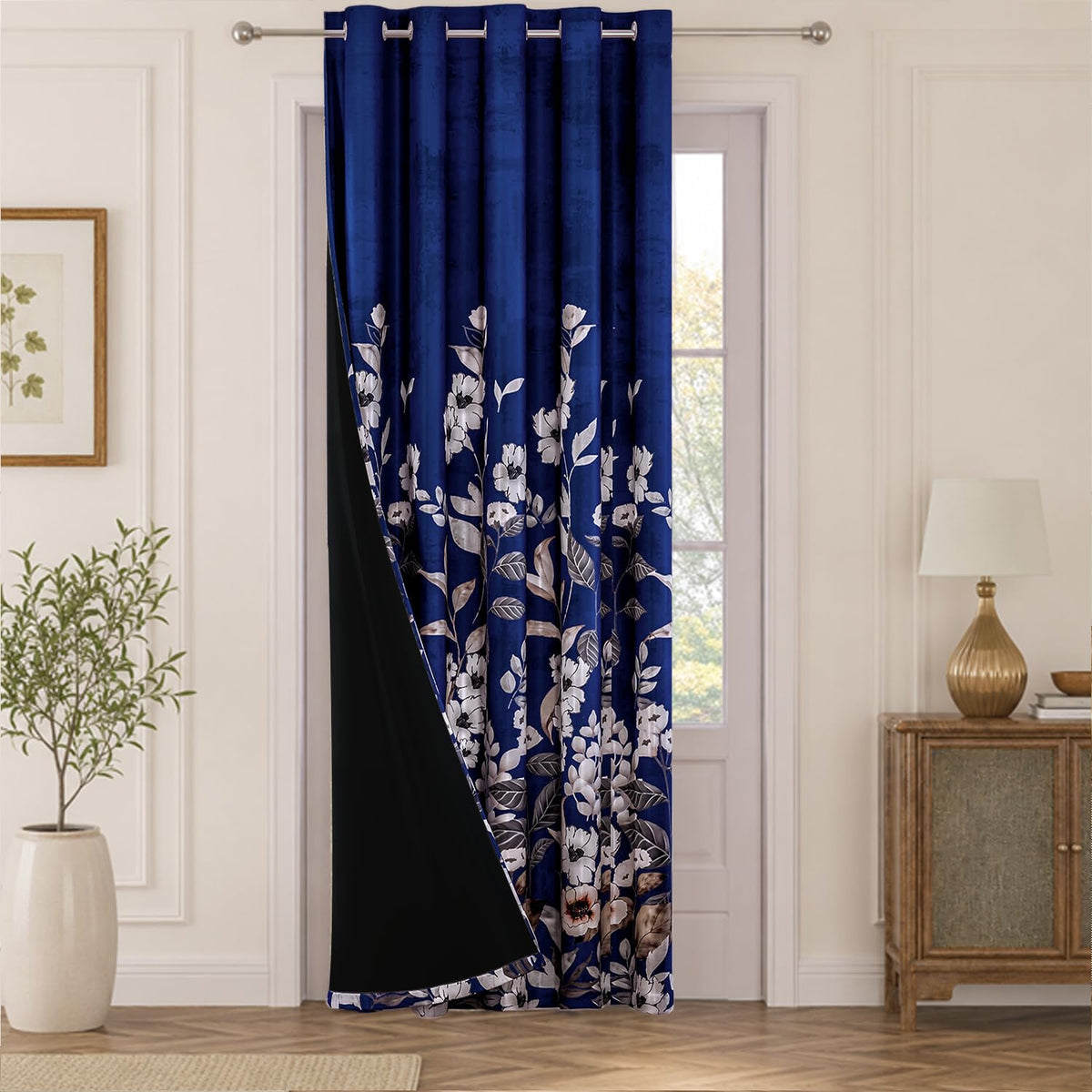 HOKIPO Twilight Curtains, 7 Feet Long - Moonlit Blossom Royal Navy - image 2