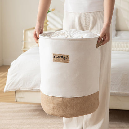 Round Collapsible Folding Laundry Basket for Clothes with Lid, White-Brown