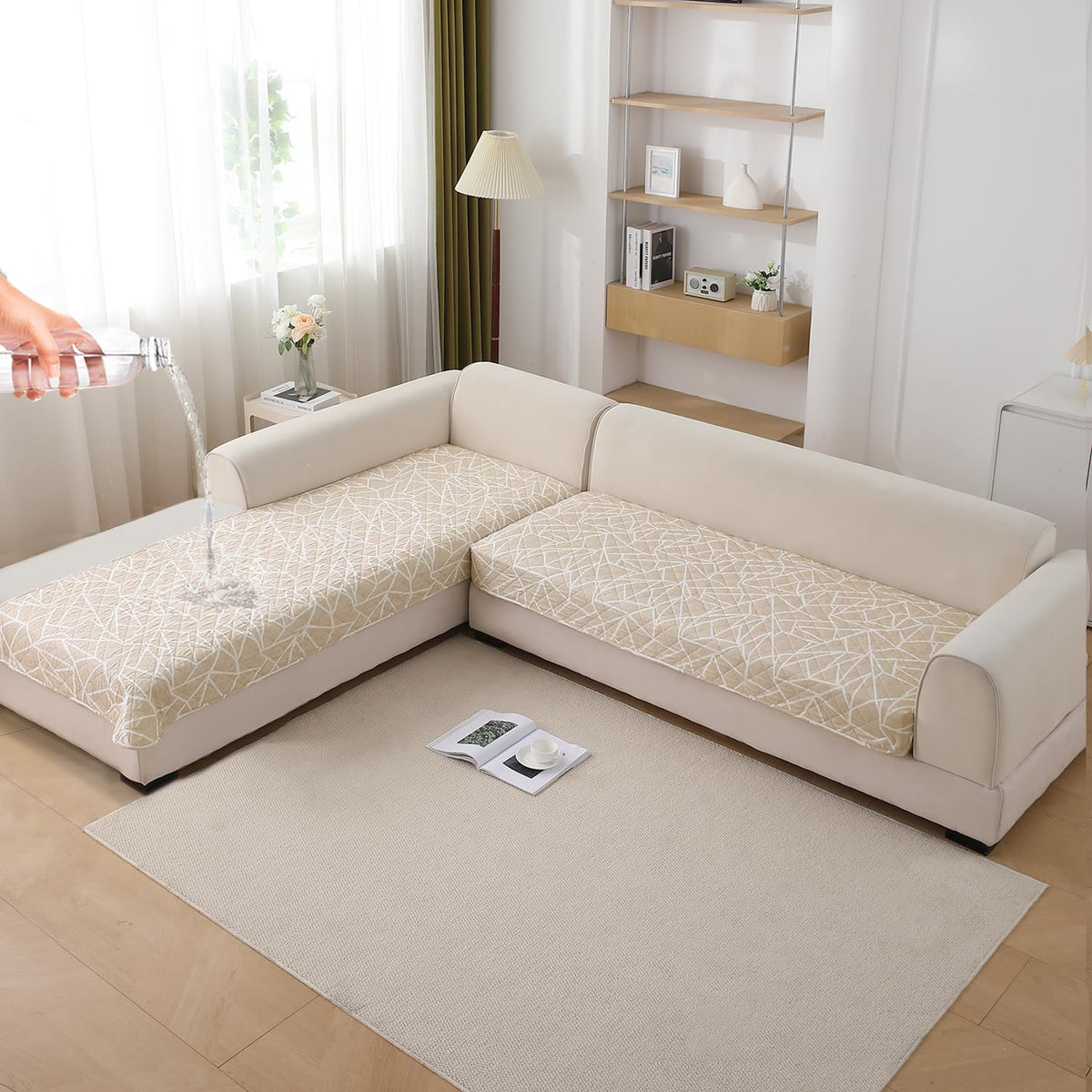 Waterproof Printed Quilted Quick Dry L Shape Sofa Seat Cover Mat, Beige Abstract Geometry