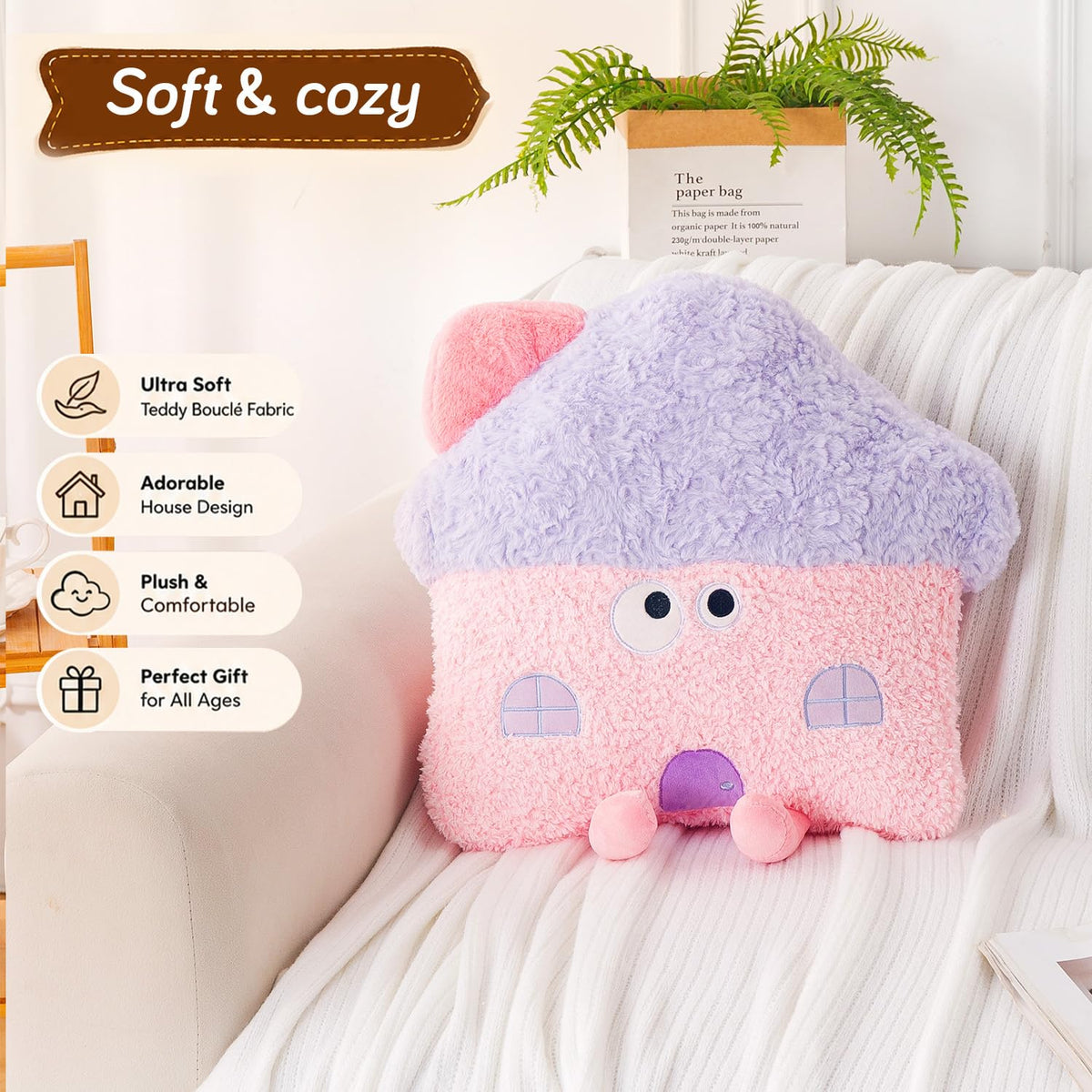 HOKIPO Mushroom House Shaped Cushion for Kids Room & Nursery, 46 cm, Pink