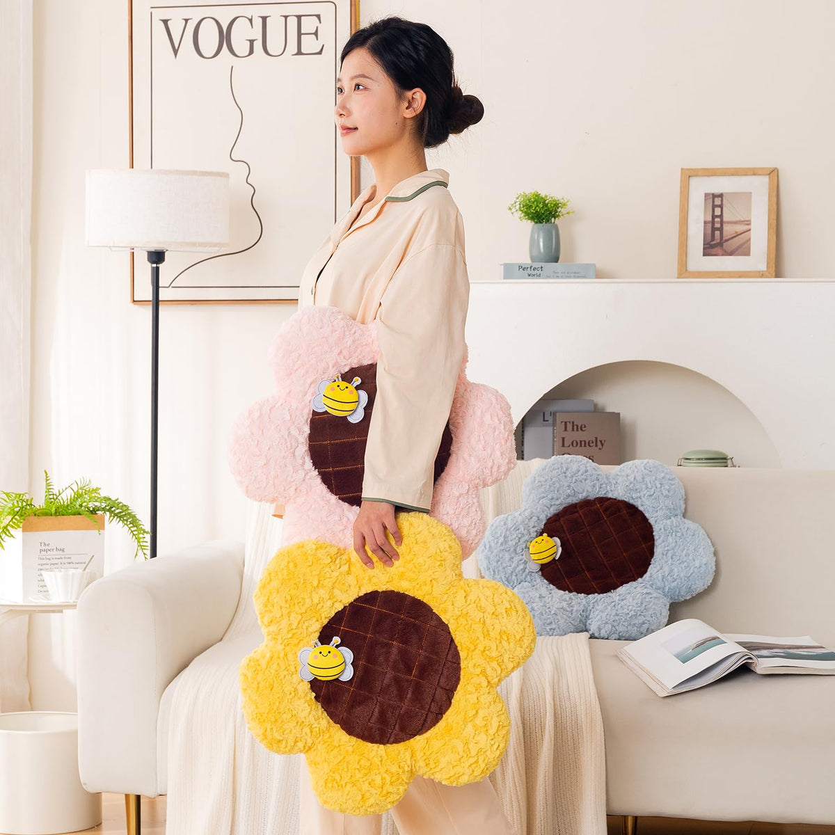HOKIPO Sunflower Bee Cushion for Sofa & Bed, 50 cm, Pink