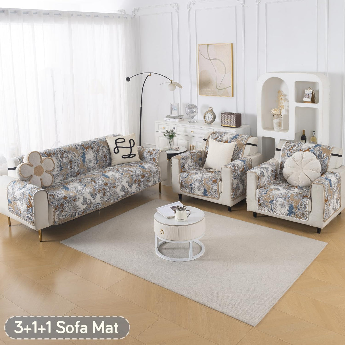 Easy Drape Reversible Quilted 5-Seater Sofa Cover (3+1+1), Urban Floral